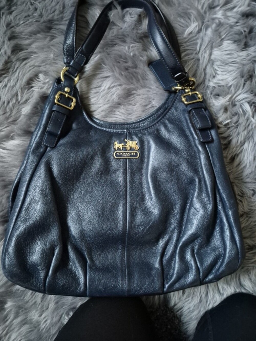Coach Maggie Navy Leather Shoulder Bag with Gold Hardware